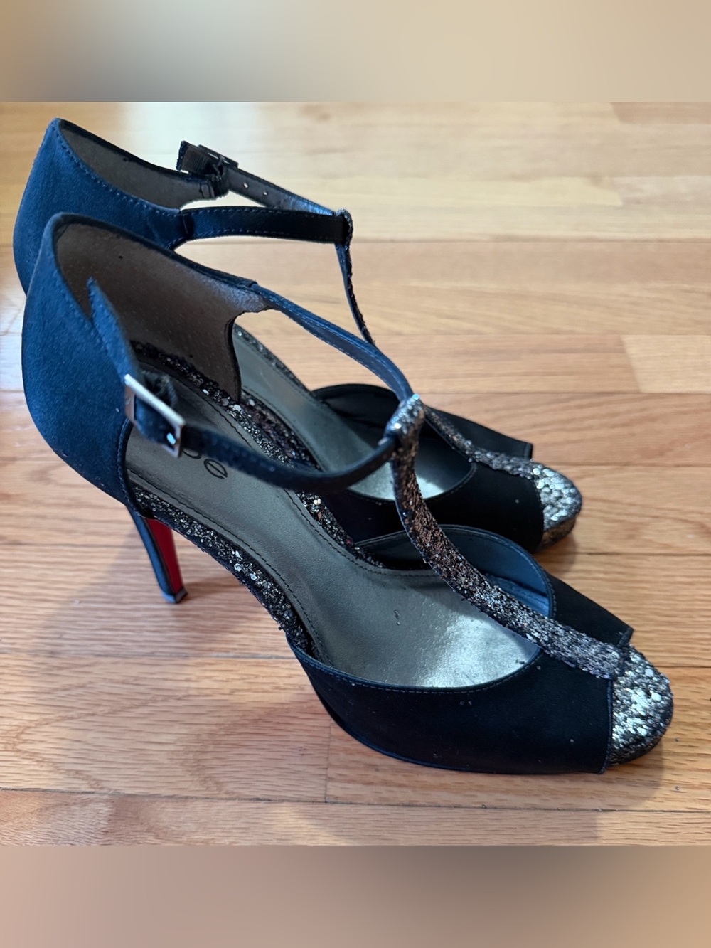 bebe Black T-Strap Glitter Peep-Toe Heels